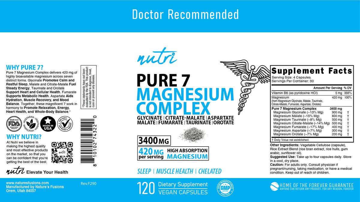 Supplement label for Pure 7 Magnesium Complex with blue and white design.