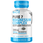 Supplement bottle labeled 'Pure 7 Magnesium Complex' with blue and white design on a white background.