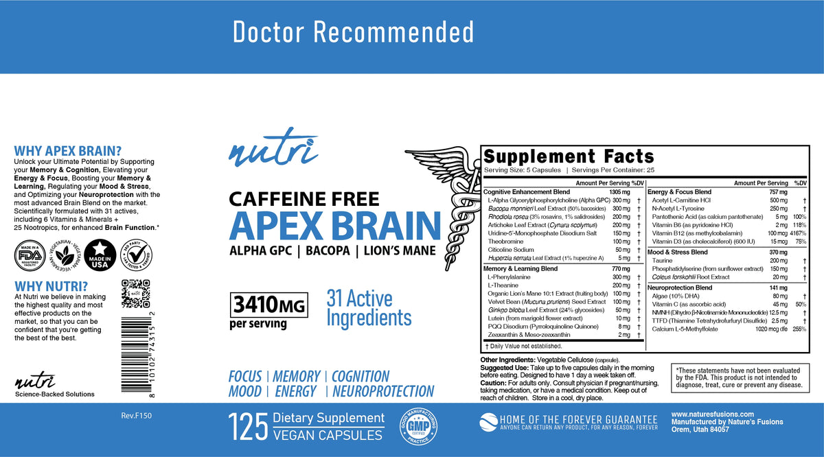 Nutri Apex Brain Caffeine Free 3410mg 125 Count