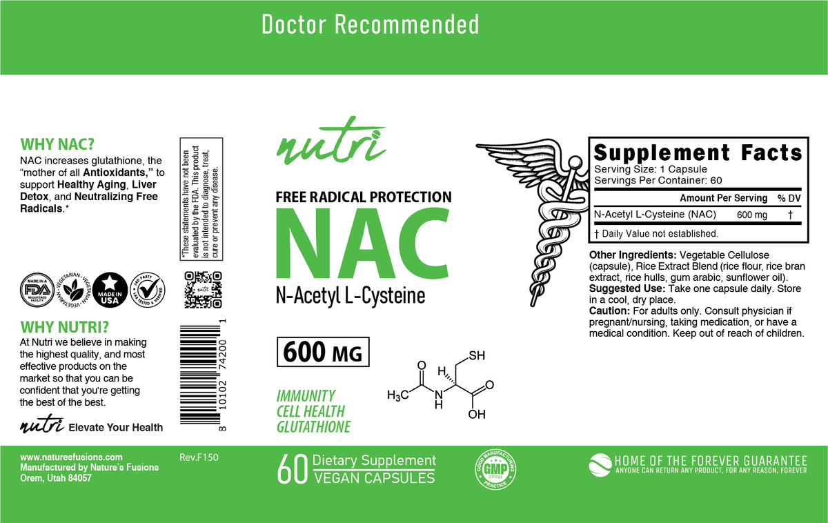 Nutri NAC (N-Acetyl L-Cysteine) 600 mg - 60 Count