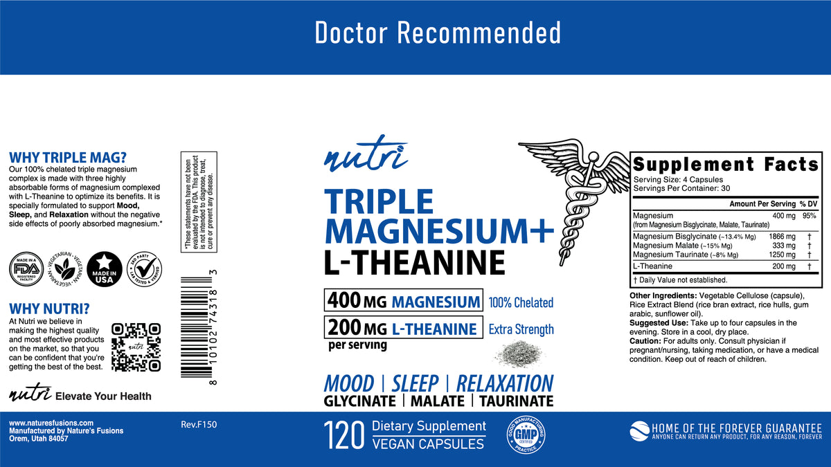 Nutri Triple Magnesium w/ L-Theanine (Glycinate, Malate, Taurinate) 400/200 mg - 120 Count