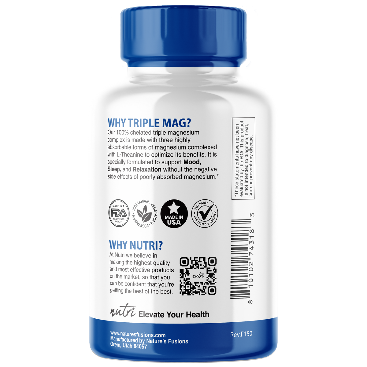 Nutri Triple Magnesium w/ L-Theanine (Glycinate, Malate, Taurinate) 400/200 mg - 120 Count