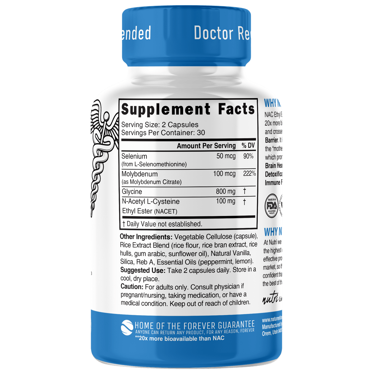 Nutri Neuro-NAC 100 mg (N-Acetyl L-Cysteine Ethyl Ester with glycine, molybdenum & selenium) 800/100 mg - 60 Count