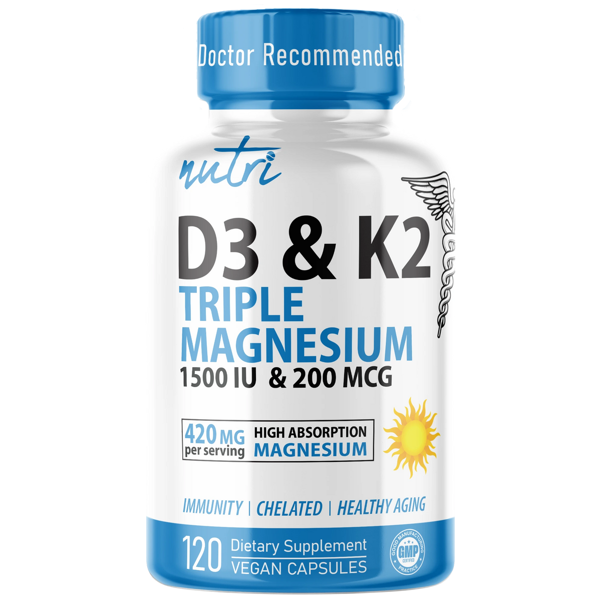 Nutri D3 & K2 Triple Magnesium (Glycinate, Malate, Taurinate) 420 mg - 120 Count
