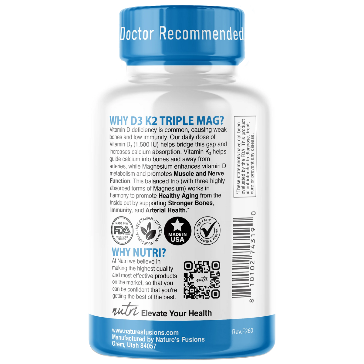 Nutri D3 & K2 Triple Magnesium (Glycinate, Malate, Taurinate) 420 mg - 120 Count