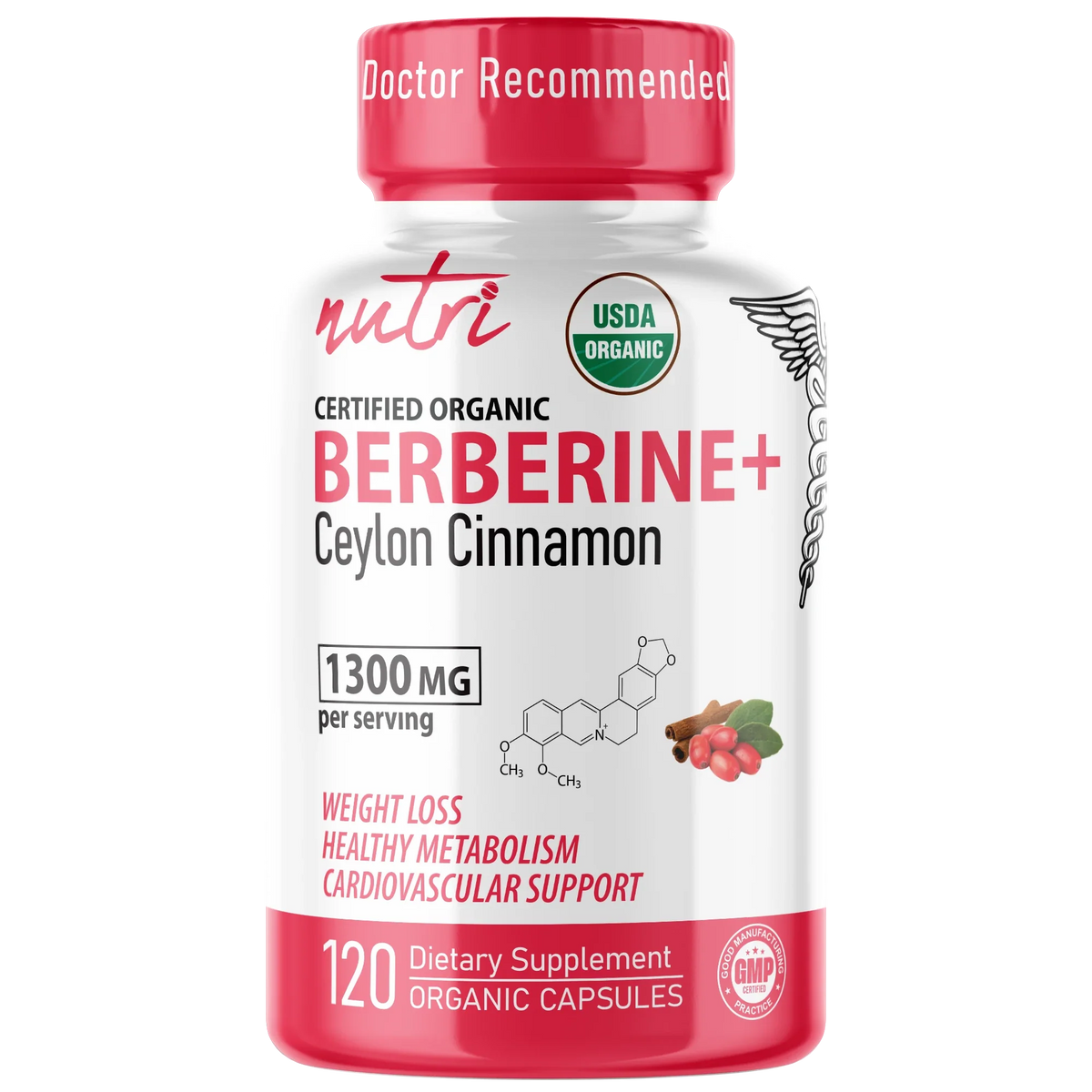 Nutri Berberine+ Organic with Ceylon Cinnamon 1300mg bottle front