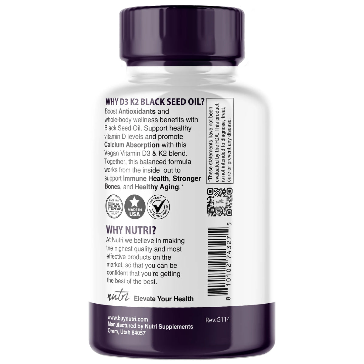 Nutri D3 & K2 Black Seed Oil 1000 mg bottle side panel