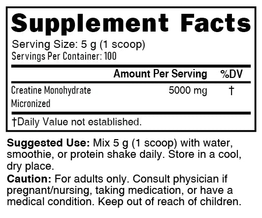 Nutri Creatine 5000mg Supplement Facts panel
