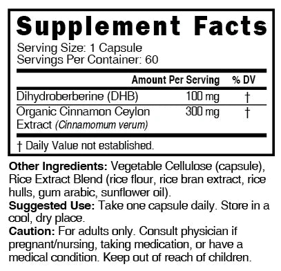 Nutri Dihydroberberine 100mg Supplement Facts panel