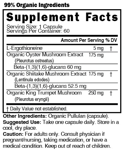 Nutri Ergothioneine Mushroom Complex Supplement Facts panel