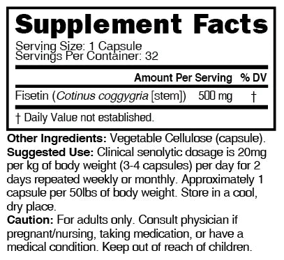 Nutri Fisetin 500mg 32 Count Supplement Facts panel