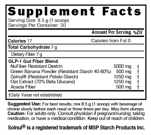 Nutri GLP-1 Gut Support Fiber Boost Supplement Facts panel