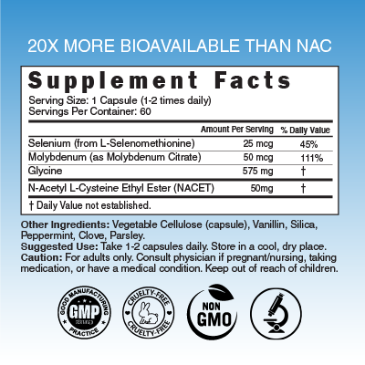 Nutri Neuro-NAC 100 mg (N-Acetyl L-Cysteine Ethyl Ester with glycine, molybdenum & selenium) 800/100 mg - 60 Count