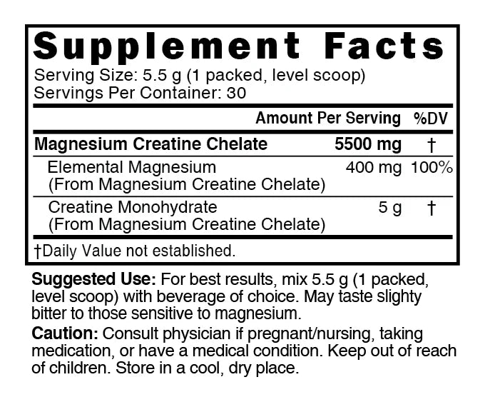 Nutri Magnesium Creatine 400mg/5g Supplement Facts panel
