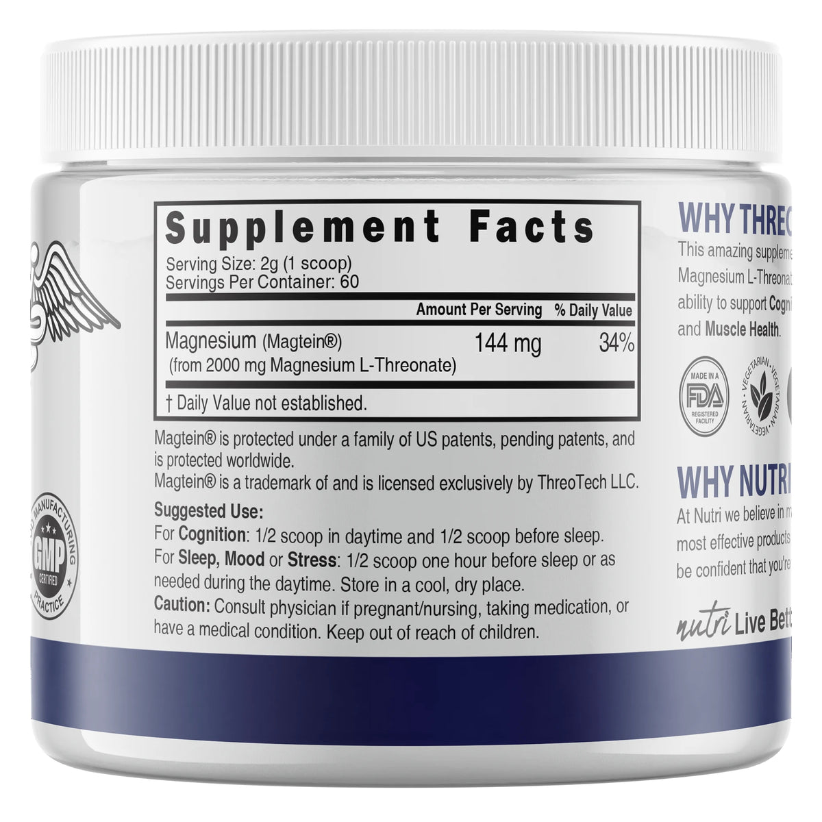 Nutri Magtein Magnesium L-Threonate 120 g back label
