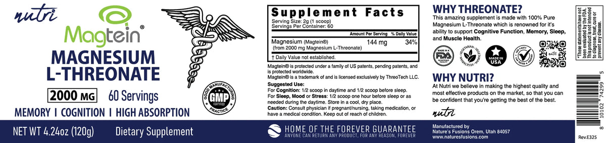Nutri Magtein Magnesium L-Threonate 120 g full label layflat