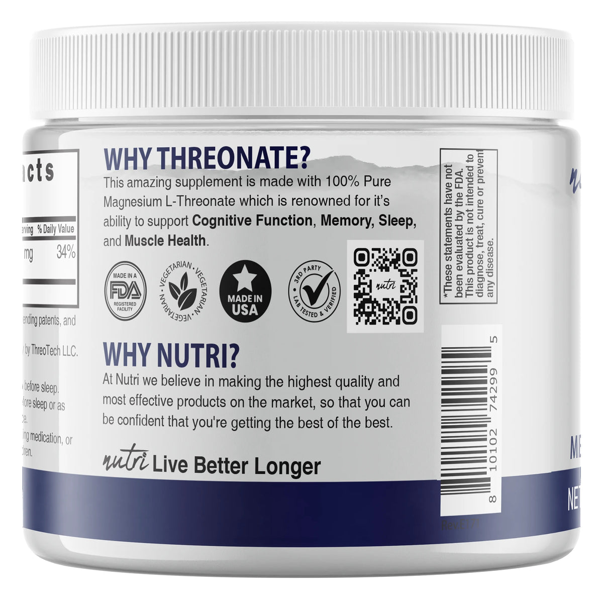 Nutri Magtein Magnesium L-Threonate 120 g tub side panel