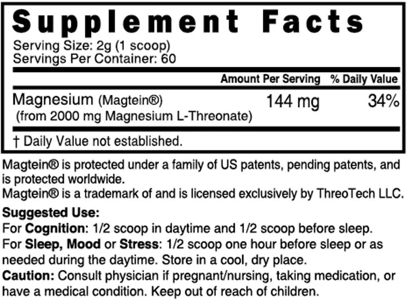 Nutri Magtein Magnesium L-Threonate 120 g Supplement Facts panel