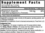 Nutri Magtein Magnesium L-Threonate 120 g Supplement Facts panel