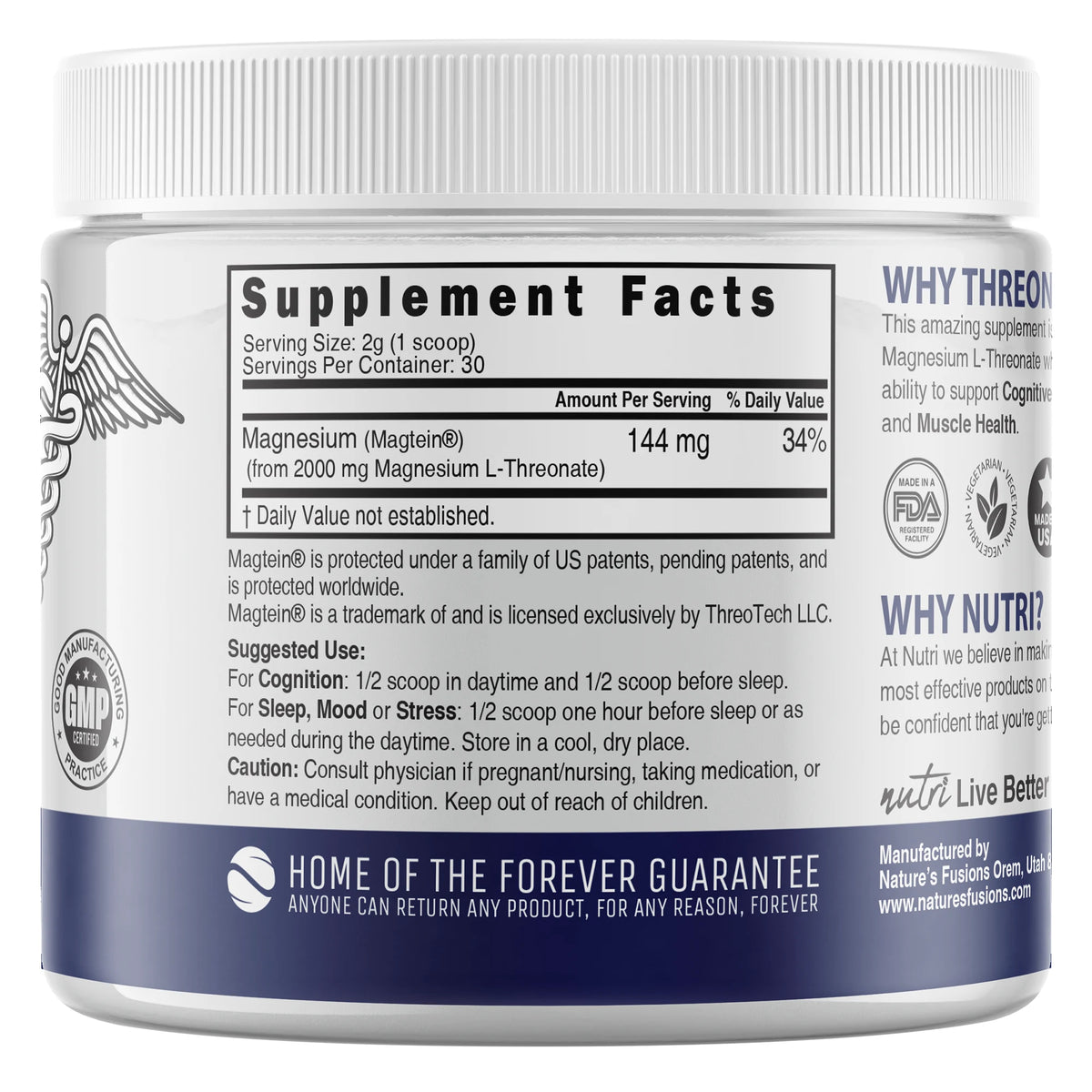 Nutri Magtein Magnesium L-Threonate 60 g back label