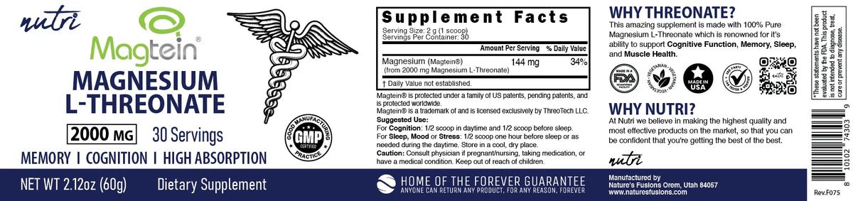 Nutri Magtein Magnesium L-Threonate 60 g full label layflat