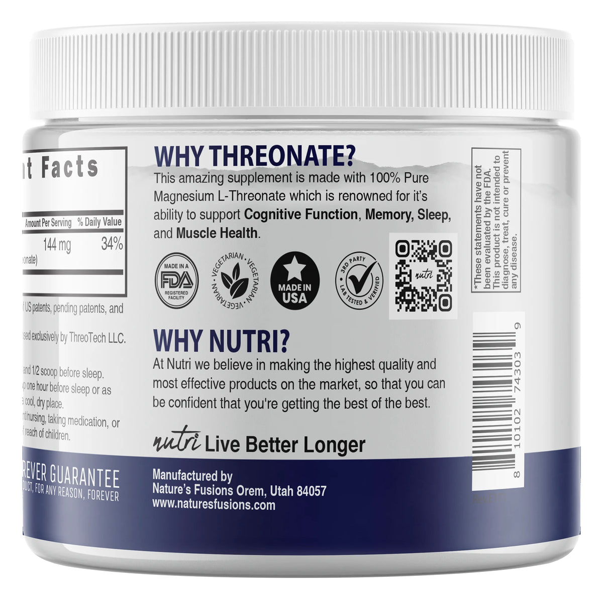 Nutri Magtein Magnesium L-Threonate 60 g tub side panel