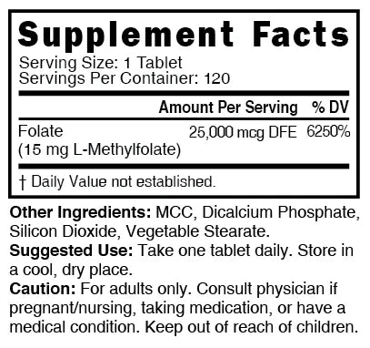 Nutri Methylfolate 15mg Supplement Facts panel