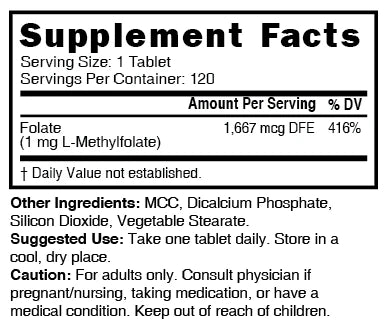 Nutri Methylfolate 1mg Supplement Facts panel