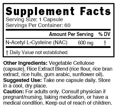 Nutri NAC 600 mg Supplement Facts panel