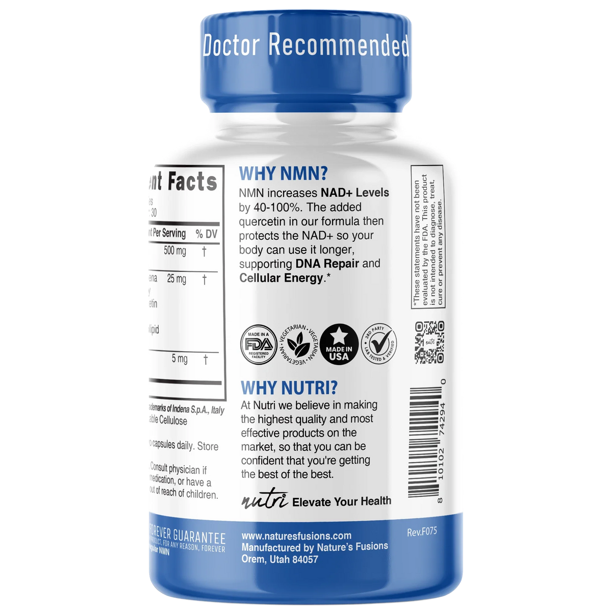 Nutri NMN 500mg Extra Strength bottle side label