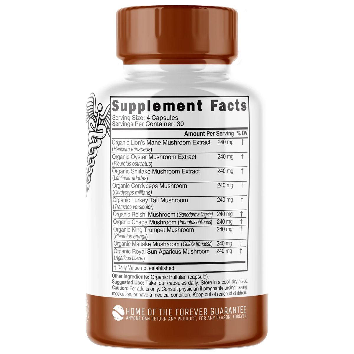 Nutri 10 Mushroom Organic 2400 mg bottle back label with Supplement Facts