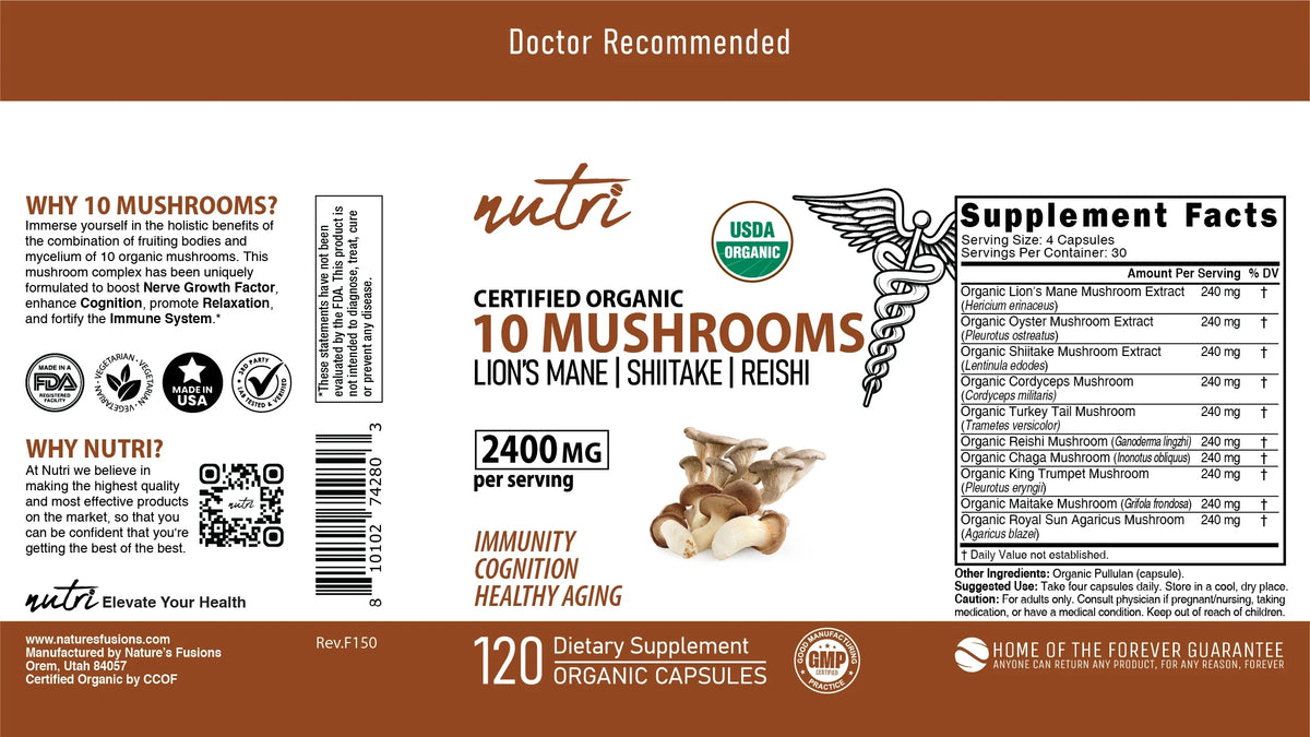 Nutri 10 Mushroom Organic 2400 mg flat label