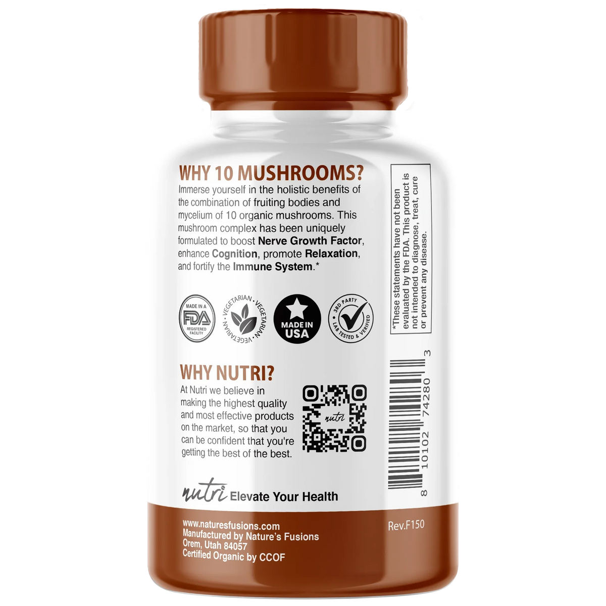 Nutri 10 Mushroom Organic 2400 mg bottle side label
