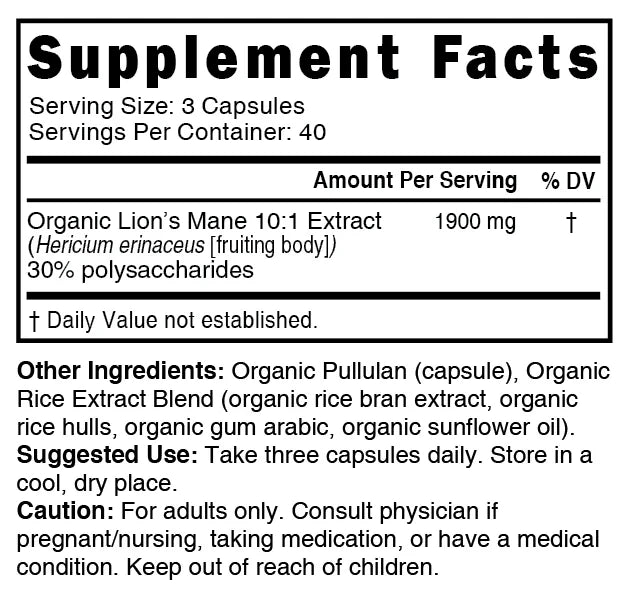 Nutri Lion's Mane Extract Supplement Facts panel