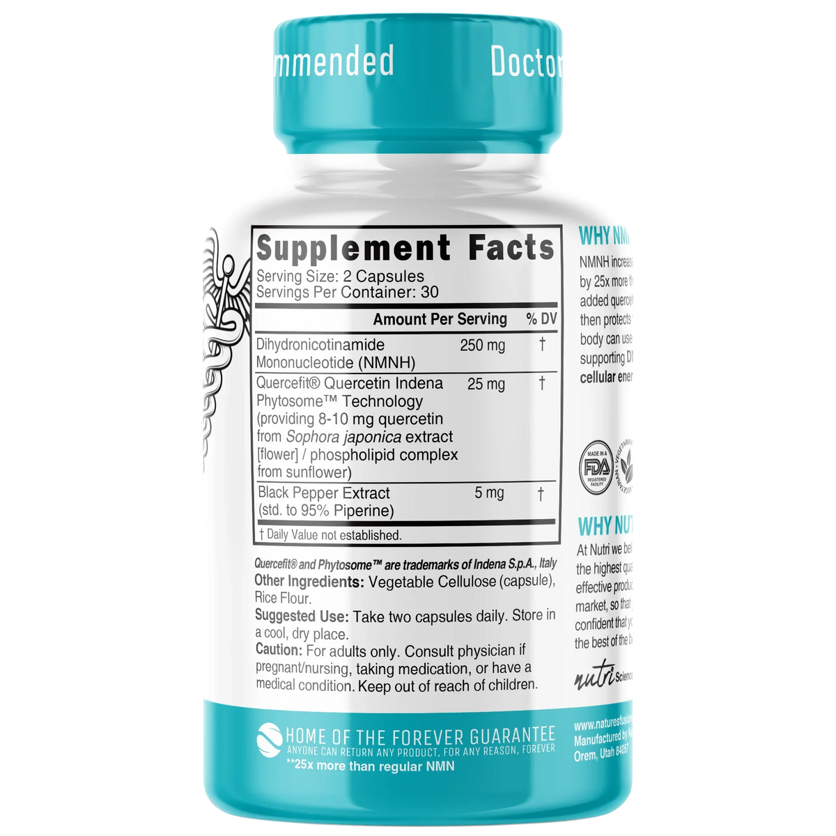 Nutri NMNH 250mg Max Strength bottle back label