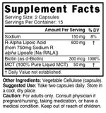 Nutri R-ALA 600mg 30 Count Supplement Facts panel