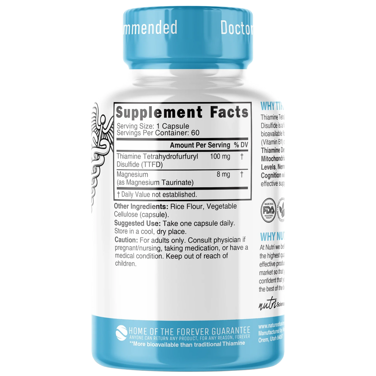 Nutri TTFD Thiamine B1 100mg supplement facts back label