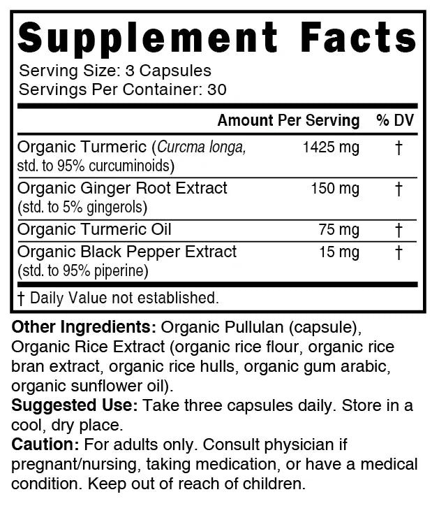 Nutri Turmeric Curcumin+ Supplement Facts panel