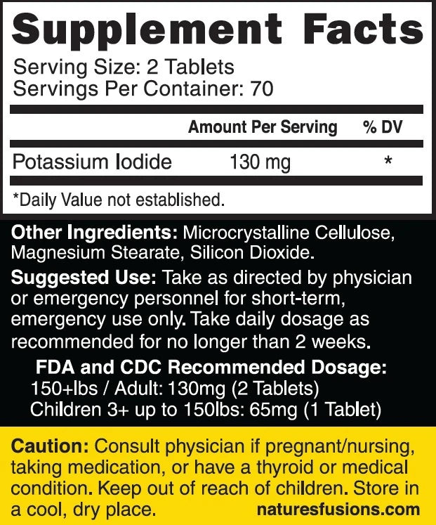 Nutri Potassium Iodide Tablets 130 mg 140 ct Supplement Facts panel