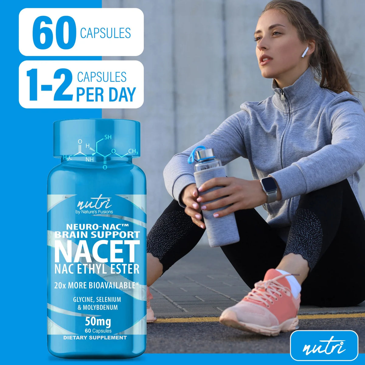 Nutri Neuro-NAC 100 mg (N-Acetyl L-Cysteine Ethyl Ester with glycine, molybdenum & selenium) 800/100 mg - 60 Count