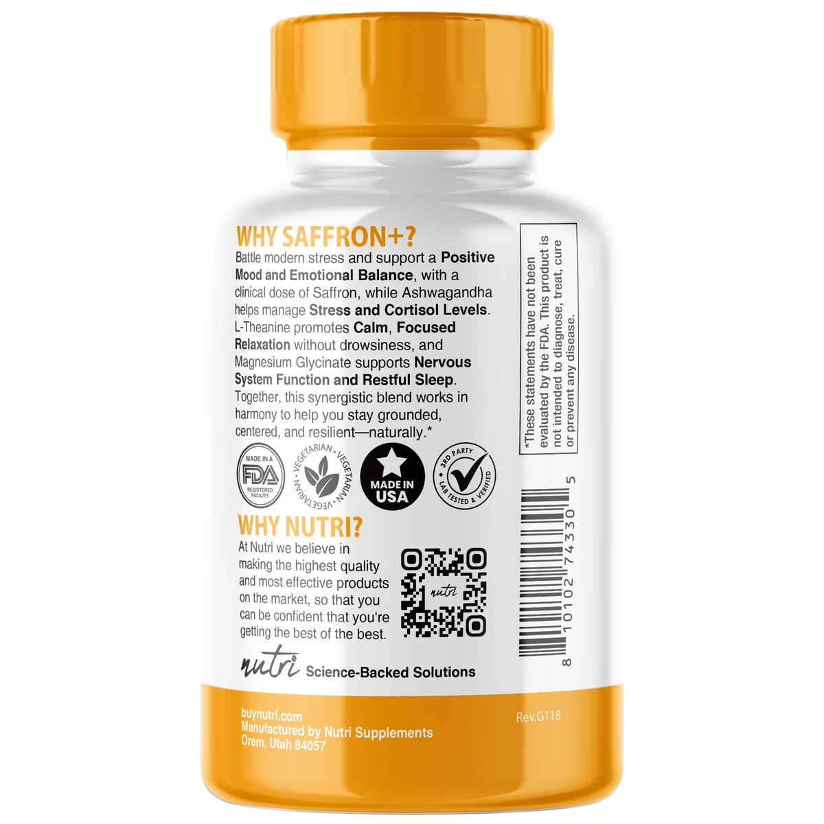 Nutri Saffron + Ashwagandha Complex bottle side panel