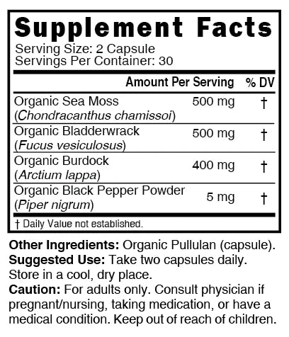Nutri Sea Moss Supplement Facts panel