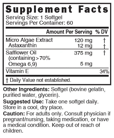 Nutri Astaxanthin 12mg Supplement Facts panel