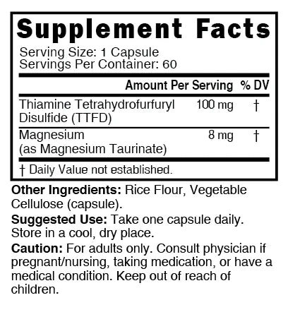 Nutri TTFD Thiamine B1 100mg Supplement Facts panel
